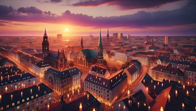 Sonnenuntergang über Leipzig mit Kerzen und Bannern.