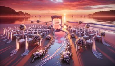 Tramonto sulla spiaggia di Rimini con decorazioni per matrimonio