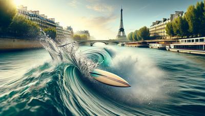 Planche de surf taillant des vagues sur la Seine à Paris.