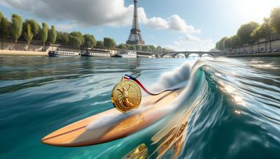 Planche de surf coupant à travers la Seine avec une médaille d'or reflétée.