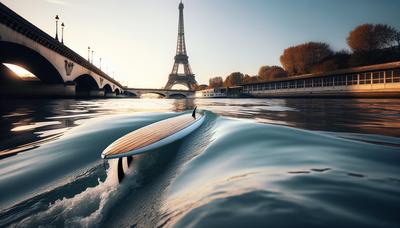 Planche de surf fendant la Seine en arrière-plan de la tour Eiffel