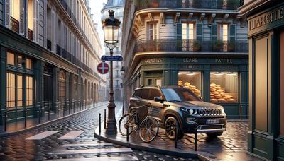 SUV et vélo à une intersection de rue à Paris.