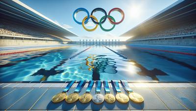 Piscine avec des médailles d'or et les anneaux olympiques.