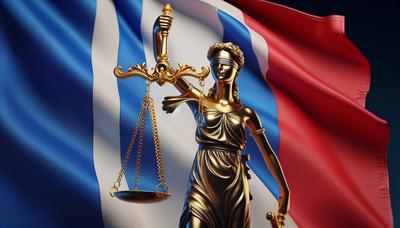 Balances symboliques de la justice sur fond de drapeau français.