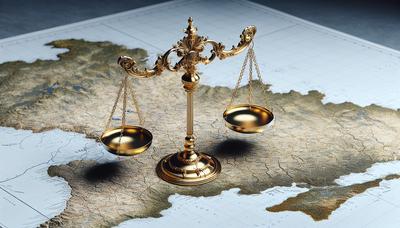 Balance symbolique de la justice sur la carte de l'Ukraine