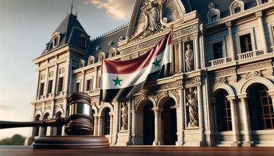 Drapeau syrien derrière le marteau du tribunal français.