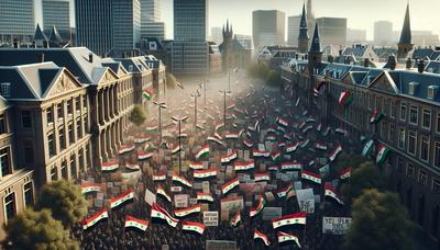 Syrische vlaggen en protestborden in Den Haag.