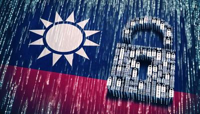 Bandeira de Taiwan com código binário e símbolos de cadeado
