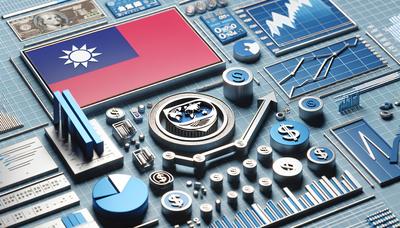 Bandiera taiwanese e logo del FMI con simboli economici.