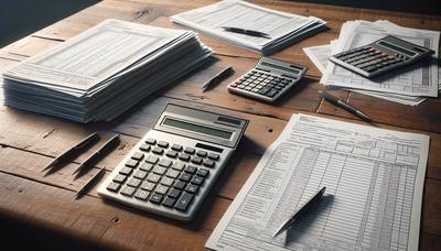 Documents fiscaux et calculatrices sur une table en bois.