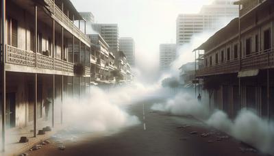 Tränengaswolke über einer Straße in einer Stadt in Mosambik.