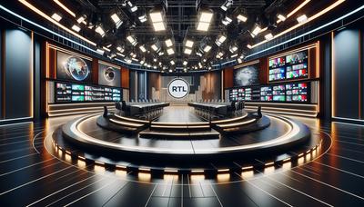 Televisiestudio-set met RTL-logo's en lichten.