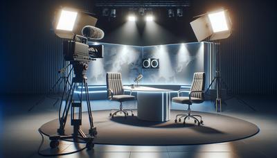 Studio de télévision avec un interviewer et un invité non identifié.