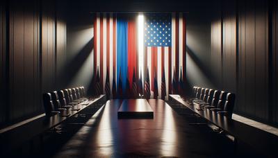 Sala de reunião tensa com bandeiras russa e americana.