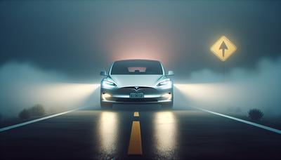 Tesla-auto rijdt in mist met voorzichtigheidsteken.