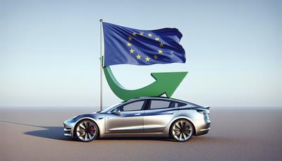 Tesla Model 3 med EU-flagga och prisdiagram.

