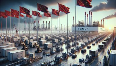 Tesla Shanghai Fabrik mit EU-Flaggen im Hintergrund