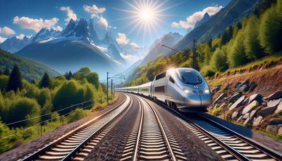 Train TGV sur des voies réparées avec un paysage pittoresque.