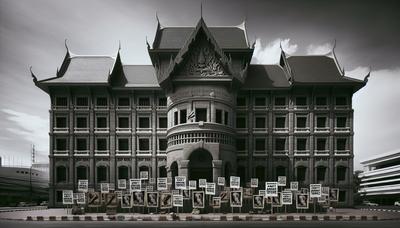 Palais de justice thaïlandais avec des pancartes de protestation contre la torture.