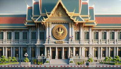 Thailändisches Emblem mit Regierungsgebäude im Hintergrund