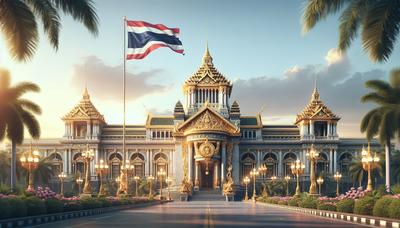 Drapeau thaïlandais avec bâtiment gouvernemental en arrière-plan