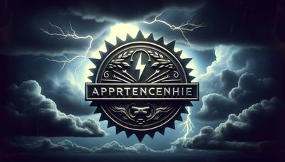 Logo programu „The Apprentice” na tle ciemnego, burzowego nieba.

