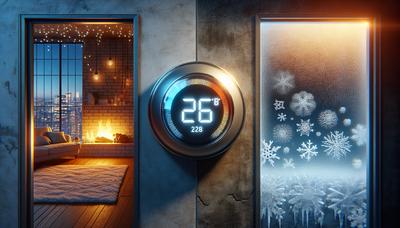 Thermostat zeigt Temperatur mit gemütlichen und kühlen Hintergründen an.