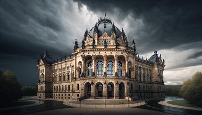 Thüringer Landtagsgebäude mit stürmischem dramatischem Himmel.