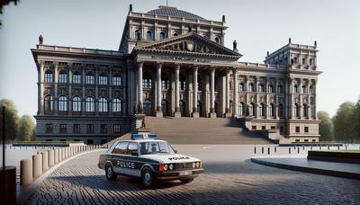 Thüringer Landtagsgebäude mit Polizeiauto davor.