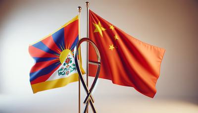 Banderas tibetanas y chinas con símbolo de paz entre ellas