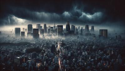 L'horizon de Tokyo avec des nuages sombres et une forte pluie qui tombe.