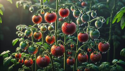 Tomates com gotas de água variáveis indicando melhoria no crescimento.