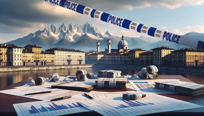 Torino skyline con nastro della polizia e documenti finanziari.