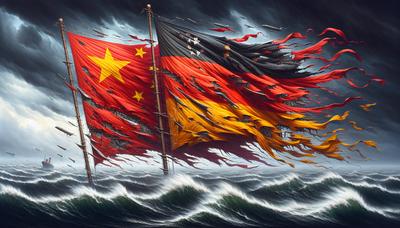 Zerfetzte Flaggen von China und Deutschland unter stürmischem Himmel.