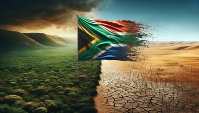 Gescheurde Zuid-Afrikaanse vlag over verdeeld landschap