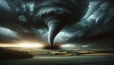 Tornado nähert sich dem Land unter dunklen stürmischen Himmel.