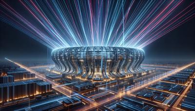 Stade imposant englouti par des lumières laser futuristes la nuit.