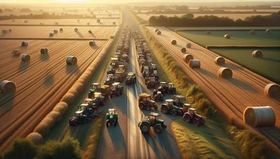 Scène de protestation avec des tracteurs bloquant une route rurale française.