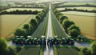 Tracteurs bloquant une route rurale française en signe de protestation.