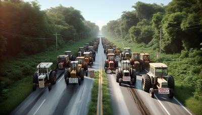 Des tracteurs bloquant la route avec des pancartes de protestation contre l'accord.