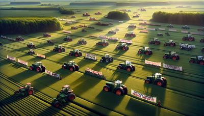 Tracteurs dans le champ avec des banderoles de protestation contre les importations.