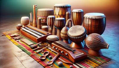 Instruments de musique traditionnels burundais sur un fond coloré.