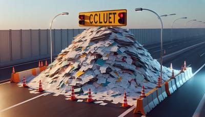 Verkehrsbarriere blockiert einen Stapel Papierkram.