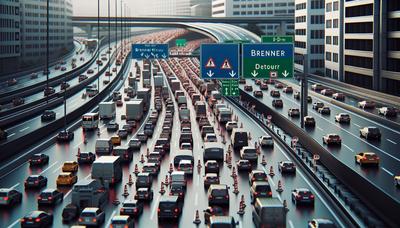 Ingorgo sulla autostrada del Brennero con segnali di deviazione.