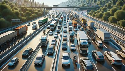 Incolonnamento sull'autostrada italiana sotto un cielo soleggiato.