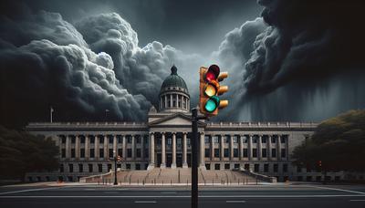 Ampel und Regierungsgebäude unter stürmischem Himmel.