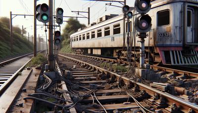 Treno fermo sui binari con segnali guasti.