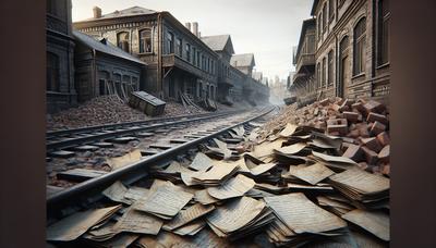 Bahnstrecken beschädigten die Siedlungsdokumente der Stadt, die in der Nähe gestapelt wurden.