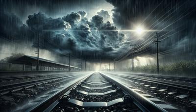 Binari del treno sotto cieli scuri e tempestosi con pioggia.