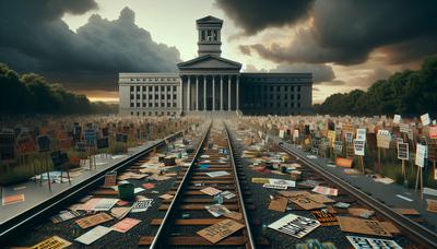 Voies ferrées avec des pancartes de protestation et un palais de justice.